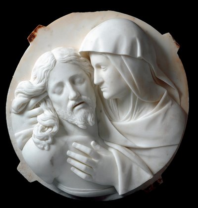 Piedad Escultura de mármol de Santo Varni (1807-1885) 1863-1870. Dim. 56x52x12 cm De la colección del Príncipe Odon di Savoia. Génova, Galleria d