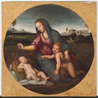 Virgen con el Niño y el Joven San Juan, c.1500 (óleo sobre madera) de Sanzio of Urbino (follower of) Raphael