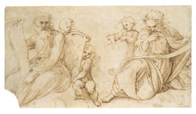 Dos profetas con pergaminos sentados con putti sosteniendo tabletas de Sanzio of Urbino Raphael