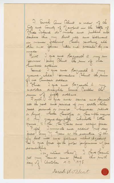 Última voluntad y testamento de Sarah Ann Blunt Crozley, octubre de 1898 de Sarah Ann Blunt Crozley