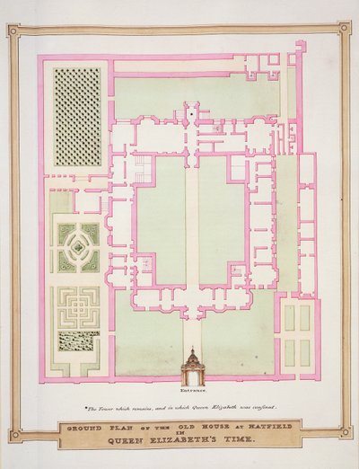 Plano de la casa antigua en Hatfield en la época de la Reina Isabel, de 