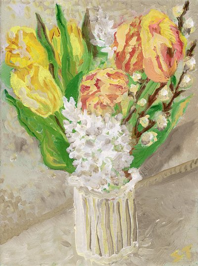 Tulipán y jacinto, c.2023 (óleo sobre lienzo) de Sarah Tudor