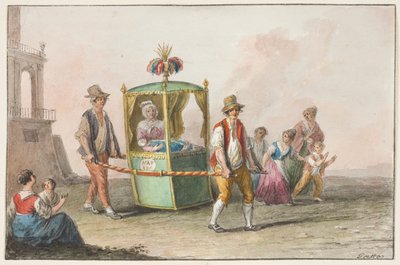 Acuarela; Una partera con un bebé camino a la iglesia para el bautizo de Saverio della Gatta