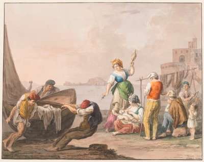 Acuarela; En la orilla en Chiaja de Saverio della Gatta