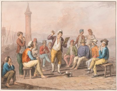 Acuarela; Rinaldo Rinaldini recitando en el muelle de Saverio della Gatta