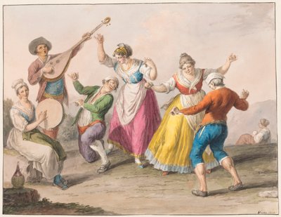 Acuarela; bailarines de tarantela de Saverio della Gatta