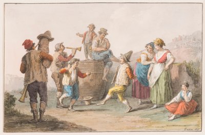 Acuarela; Dos campesinos bailando al son de gaita y cuerno de Saverio della Gatta
