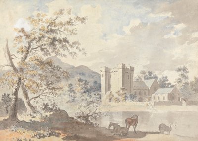 Castillo bajo las montañas con caballos junto a un río de Sawrey Gilpin
