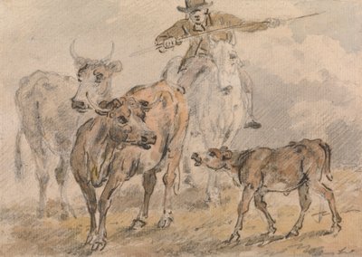 Hombre a caballo escuchando a dos vacas y un ternero de Sawrey Gilpin
