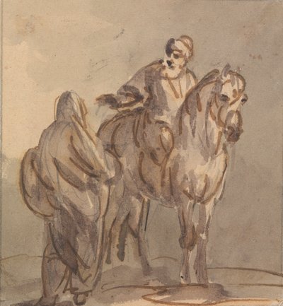 Dos personas: Una de pie y otra sentada a caballo de Sawrey Gilpin