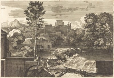 Paisaje con dos figuras en un puente de Sébastien Bourdon