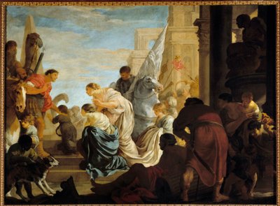 El encuentro entre Antonio y Cleopatra. La reina de Egipto Cleopatra (79-30 a.C.) se encuentra con su futuro amante Marco Antonio (83-30 a.C.) probablemente en Roma. Pintura de Sebastien Bourdon (1616-1671) siglo XVII de Sébastien Bourdon