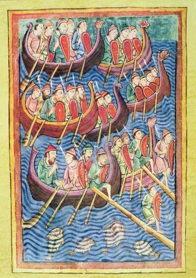 Vikingos desembarcando en Inglaterra durante la segunda ola migratoria (vitela) de Scandinavian School