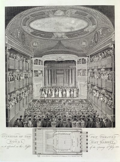 Interior del Nuevo Teatro Real, Haymarket, como Apareció en la Noche de su Apertura, 4 de Julio de 1821, grabado por James Stow de Schebbellie