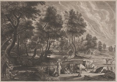 Paisaje de granja con cazadores y lecheras de Schelte Adams Bolswert, after Sir Peter Paul Rubens