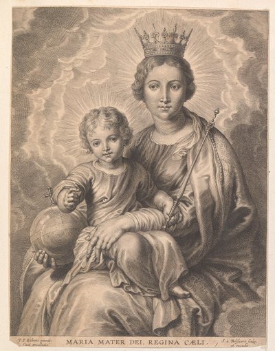 María con niño y globo terráqueo Maria mater dei, regina caeli (título sobre objeto) de Schelte Adamsz. Bolswert