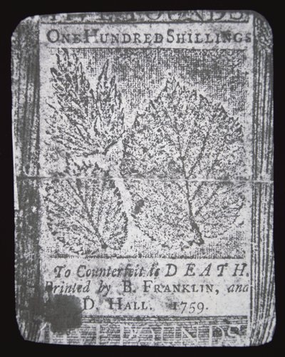Billete de 100 chelines diseñado e impreso por Benjamin Franklin en 1759 de School American