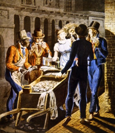 Un ostrero vendiendo sus mercancías fuera del Chestnut Street Theatre en Filadelfia, c.1796 de School American
