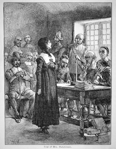 Anne Hutchinson en juicio por ofender al clero puritano en Massachusetts de School American
