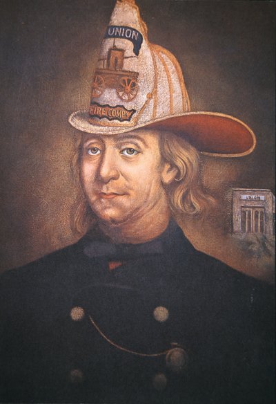 Benjamin Franklin vistiendo el uniforme de la Compañía de Bomberos de la Unión que fundó en Filadelfia en 1736 de School American