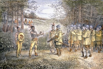 El capitán Miles Standish comercia con los indios Wampanoag en 1621 de School American