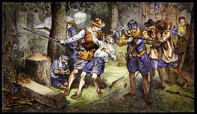 Defendiendo el asentamiento infantil contra el ataque indio en la colonia de Jamestown, Virginia en 1607 de School American