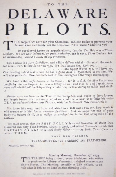 Facsímil de la proclamación de los patriotas de Filadelfia a los pilotos de Delaware advirtiéndoles que no traten con el barco de té británico, 7 de diciembre de 1773 de School American
