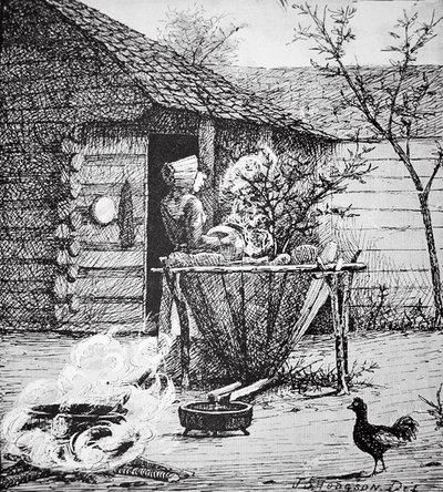 Escena de granja - una mujer en una tina de lavado, después de una ilustración de J. S. Hodgson de School American