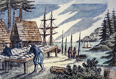 Pescadores secando bacalao en Nueva Inglaterra, de un grabado en madera del siglo XVII de School American