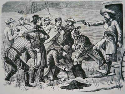 Cuatro bandidos dominan y saquean a dos oficiales y siete soldados cerca de Bismarck, Territorio de Dakota, del 