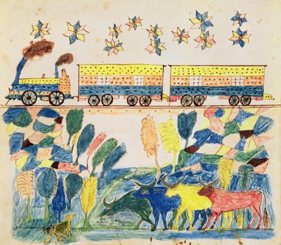 Tren de carga y paisaje con ganado de School American