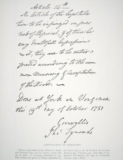 Carta de capitulación de Yorktown, firmada por Lord Cornwallis de School American