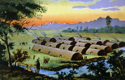 Isla de Manhattan, Ciudad de Nueva York, antes de que los holandeses se establecieran aquí mostrando una aldea india de la confederación Wapinger de School American
