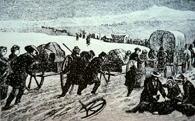 Caravana mormona en una tormenta de nieve rumbo a Salt Lake City, Utah de School American