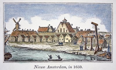 Nueva Ámsterdam (luego Nueva York) en la Isla de Manhattan, de una vista publicada en 1659 de School American