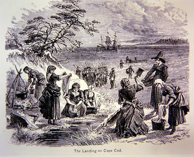 Los Padres Peregrinos desembarcan en América en 1620 - El desembarco en Cape Cod mostrando a mujeres trabajando de School American