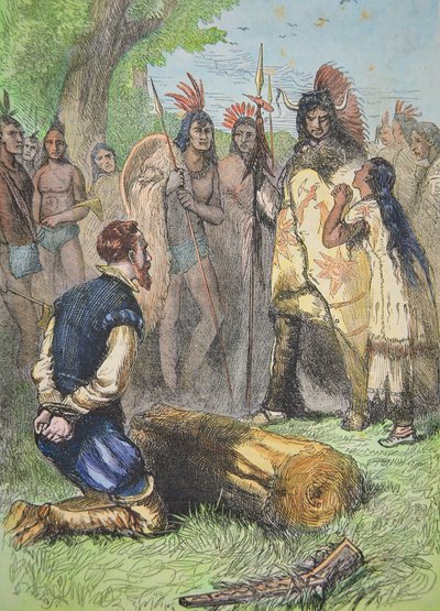Pocahontas salva la vida de John Smith (grabado en color) de School American