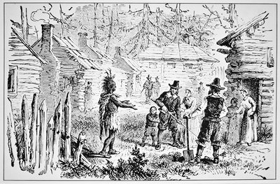 Samoset, jefe de los Pemaquids visita a los Padres Peregrinos en 1621 de School American