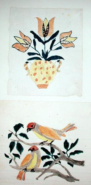 Jarrón de tulipanes y dos pájaros en un árbol de School American
