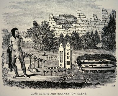 Tribu Zuni soplando polen sobre un santuario Pueblo de School American