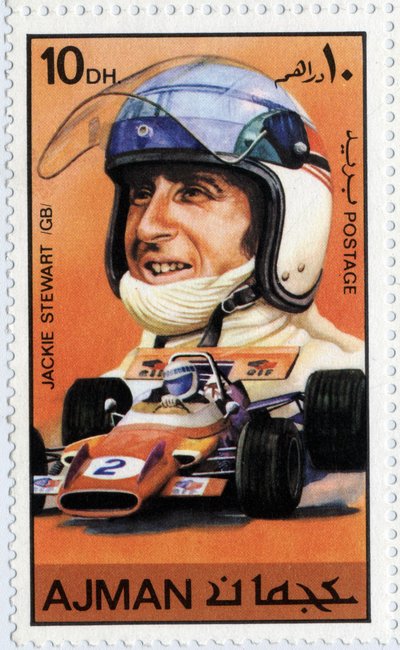 Sello de los Emiratos Árabes Unidos representando al piloto de autos escocés Jackie Stewart (n. 1939). de School Arabic