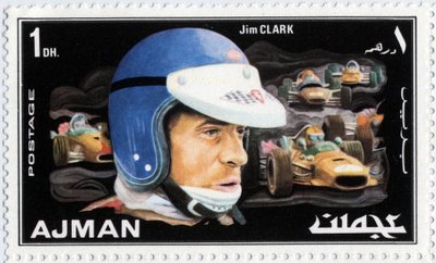Sello de los Emiratos Árabes Unidos representando al piloto de autos escocés Jim Clark (1936-1968) de School Arabic
