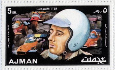 Sello de los Emiratos Árabes Unidos representando al piloto de autos Gerhard Mitter (1935-1969) de School Arabic