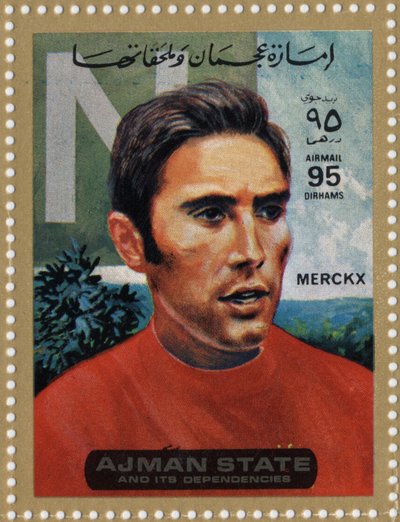 Sello de EAU representando al ciclista Eddy Merckx (n. 1945). de School Arabic
