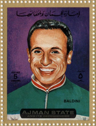 Sello de EAU representando al ciclista Ercole Baldini (Nacido 1933) de School Arabic