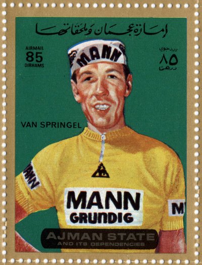 Sello de EAU representando al ciclista Herman Van Springel (Nacido 1943) de School Arabic
