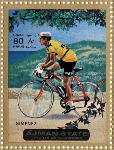 Sello de EAU representando al ciclista Julio Jimenez (n. 1934). de School Arabic