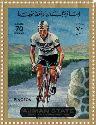 Sello de EAU representando al ciclista Roger Pingeon (n. 1940). de School Arabic