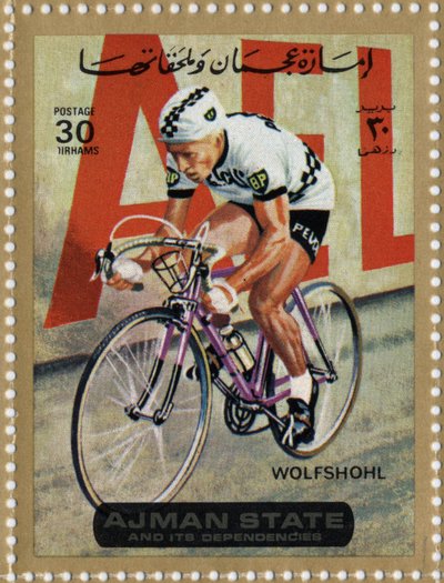 Sello de EAU representando al ciclista Rolf Wolfshohl (n. 1938). de School Arabic