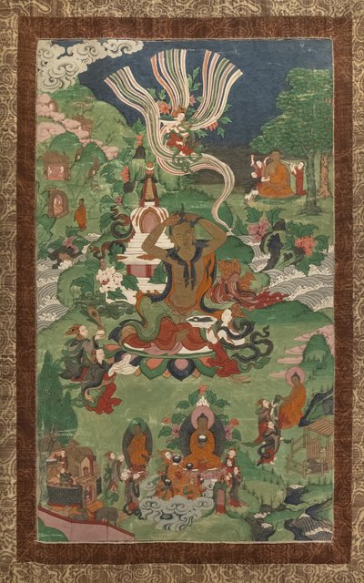 Corte de pelo y otras escenas. Thangka de una secuela dedicada a los principales episodios de la vida de Buda. de School Asian